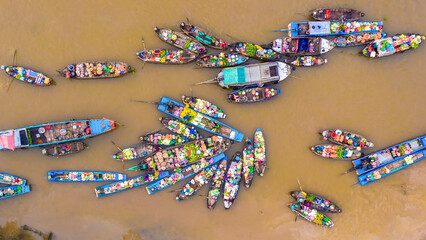 Aerial view from above Phong Dien floating market on Tet holiday full of fruit and agricultural products