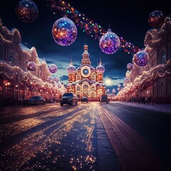 Fototapeta premium Streets lit up for the winter holiday festival. 