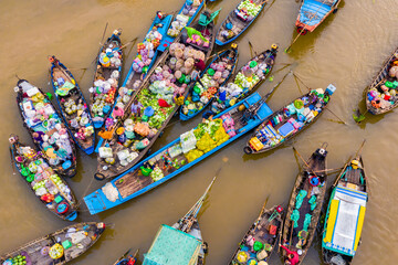 Aerial view from above Phong Dien floating market on Tet holiday full of fruit and agricultural products