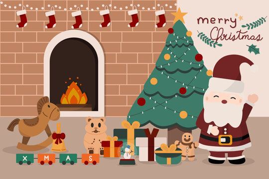 Illustration of Merry Christmas and christmas elements such as fireplace, christmas tree, present. Christmas seasonal vector illustration.