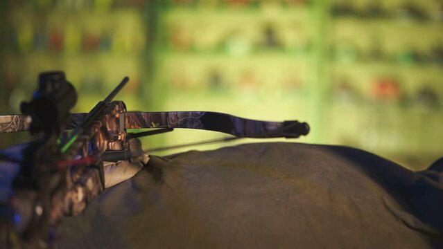 a crossbow loaded with an arrow, waiting for someone to shoot from it. High quality Full HD video recording. slow motion video