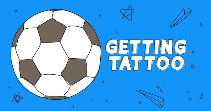Football ball with Getting Tattoo text.  Abstract dancing line cartoon animation. 4k HD Format resolution video.