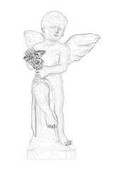 Outline of a baby angel with wings and flowers in hands from black lines isolated on a white background. 3D. Vector illustration.