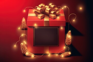 Merry Christmas & Happy New Year Promotion Poster or banner with red gift box,LED String lights and christmas element for Retail,Shopping or Christmas Promotion in red and gold style.