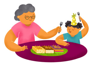 Filipino grandmother and granddaughter eating kakanin rice cakes during a birthday