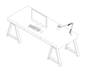 The contour of the workplace with a computer on the table and a lamp made of black lines isolated on a white background. Isometric view. 3D. Vector illustration.