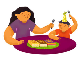 Filipino mother and son eating kakanin rice cakes during a birthday