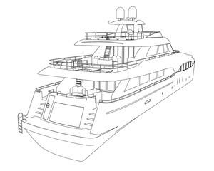 Obraz premium Outline of a large luxury yacht from black lines isolated on a white background. Back view. 3D. Vector illustration.