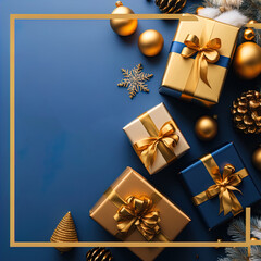 A set of gifts and decorations in blue and gold. 