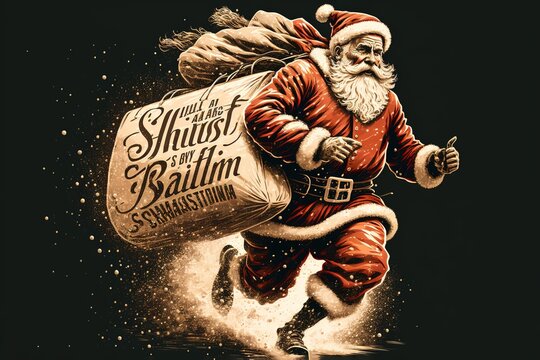Santa Claus with a huge bag on the run to delivery christmas gifts at snow fall. Vector illustration.