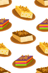 Filipino biko, sapin-sapin, and maja mais rice cake slices on bilao woven plates illustrated pattern