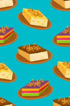 Filipino biko, sapin-sapin, and maja mais rice cake slices on bilao woven plates on teal background illustrated pattern