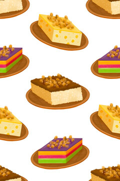 Filipino biko, sapin-sapin, and maja mais rice cake slices on bilao woven plates illustrated pattern