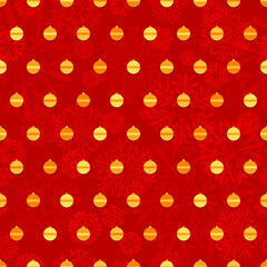 yellow christmas balls on red repetitive background with snowflakes. vector seamless pattern. fabric swatch. wrapping paper. continuous print. winter illustration. design template for greeting card