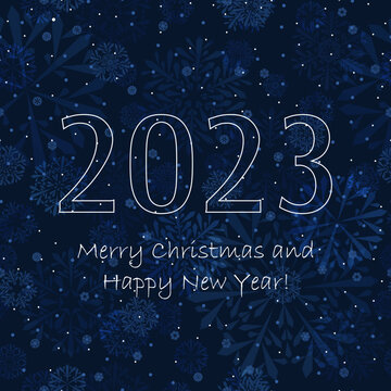 2023 happy new year. white text on blue winter repetitive background with snowflakes. vector illustration. festive template on seamless pattern for greeting card, banner, invitation