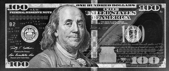 Black and white 100 USD note.100 American dollar