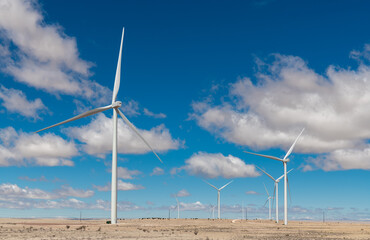 Wind farm in New Mexico generating green energy under beautiful sky