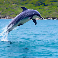 Obraz premium Dolphin Jumping Out of the Blue Ocean Water Generative AI