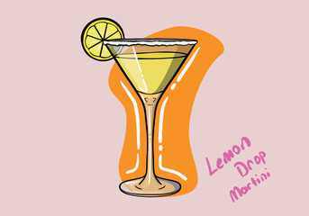 Lemon Drop Martini with lemon, vector illustration, hand drawn colored design