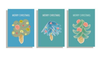set of Christmas cards with watercolor Christmas tree