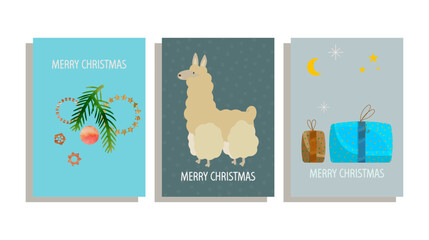 set of Christmas cards with lama,  Christmas tree, Christmas balls