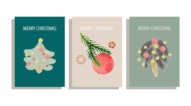 set of Christmas cards with watercolor Christmas tree, Christmas balls