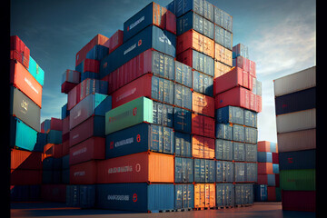 stack of containers awaiting transport at port - Generative AI