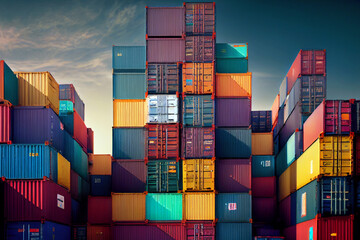 Fototapeta premium stack of containers awaiting transport at port - Generative AI