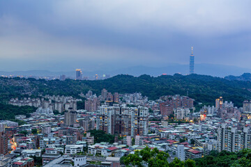 Twilight high angle view of the Taipei cityscape