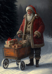 Santa claus with gift cart in winter.illustration for greeting card or book cover.generate by ai