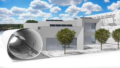 Bauplanung an einem energieeffizienten gewerblichen Gebäude mit Solarmoulen und Landschaftshintergrund - 3D Visualisierung - obrazy, fototapety, plakaty