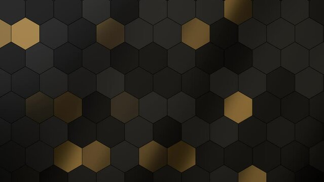 Abstract luxury Hexagon Shape geometric black grey with fill Gold background.metallic geometric. motion Seamless loop. display background. 4K resolution. random gold animation.