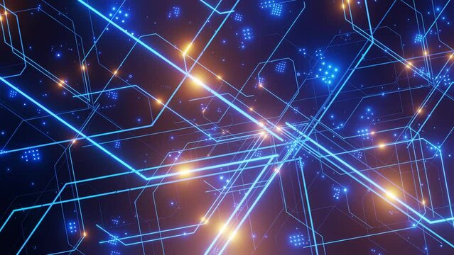 Digital Circuit lines in motion digital lines with glowing spots. motion fly through.4k Resolution. blue color. - Powered by Adobe