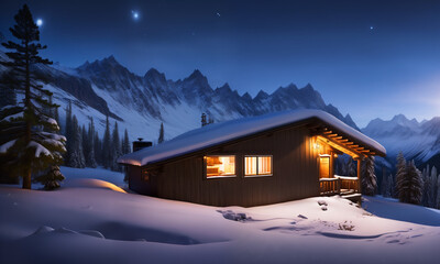 Illustration of a small cabin in the middle of a snowy mountain AI Generated