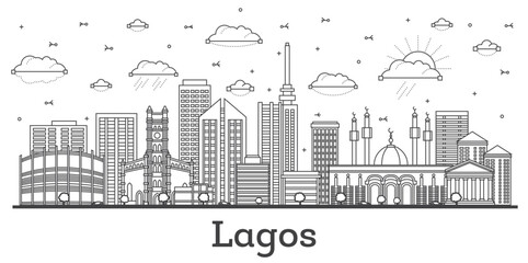 Outline Lagos Nigeria City Skyline with Modern Buildings Isolated on White.