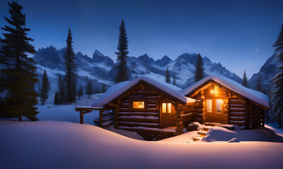 Fototapeta premium Illustration of a small cabin in the middle of a snowy mountain AI Generated