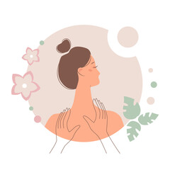 Nice young woman enjoys relax massage. Vector illustration for business card.