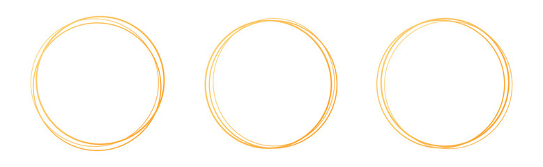 Set of hand drawn gold circle, sketch lines. Gold round frame collection on white background. Set of hand drawn doodle golden circle.