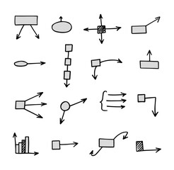 Vector set of hand drawn diagrams with arrows, charts, scheme. Collection of infographic elements, pointers