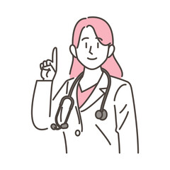Vector illustration of a female doctor in a white coat with a stethoscope hanging down, pointing and smiling.