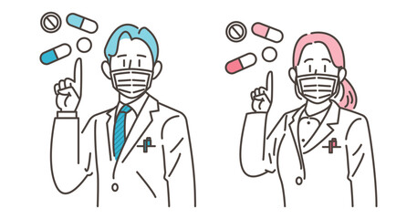 Male and female pharmacists in white coats wearing masks to prevent illness and infection [medical vector illustration