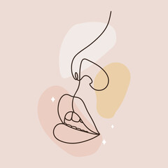 Female lips and nose in one line drawing style. Mouth silhouette on colored spots. Permanent or tattoo make up. Beauty studio logo. Linear vector Illustration in trendy minimalist style.