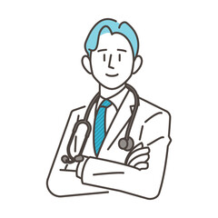 Male doctor in white coat with arms folded: concept of a career change or medical practitioner [vector illustration