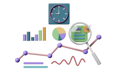 charts and graph with analysis business financial data, Online marketing, check, time clock isolated. business strategy concept, 3d illustration or 3d render