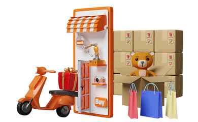 orange mobile phone or smartphone with store front, shopping paper bags, goods cardboard box, scooter isolated. franchise business, online shopping concept, 3d illustration, 3d render