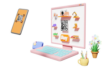 computer laptop with mobile phone,smartphone qr code scanning isolated. franchise business or online shopping, cashless payment concept, 3d illustration or 3d render