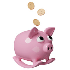 3d pink piggy bank with coin isolated. saving money concept, 3d render illustration