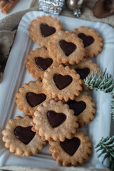 chocolate linzer cookies, typical german christmas cookies