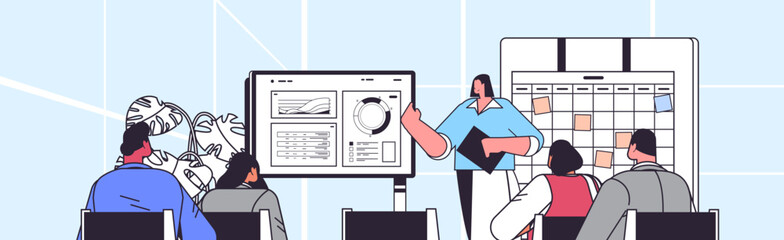 businesswoman presenting financial graph for businesspeople at conference meeting business presentation