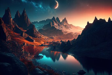 Stunning fantasy landscape. Photorealistic illustration generated by Ai. Generative art